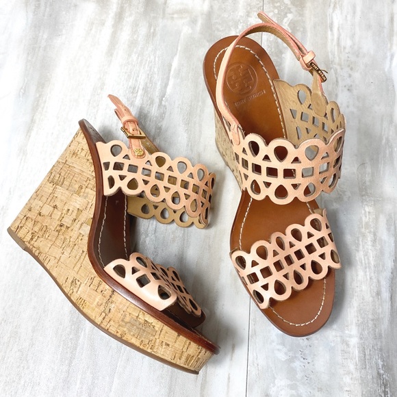 Tory Burch Shoes - Tory Burch Nori Laser Cut Leather Cork Wedge Heels